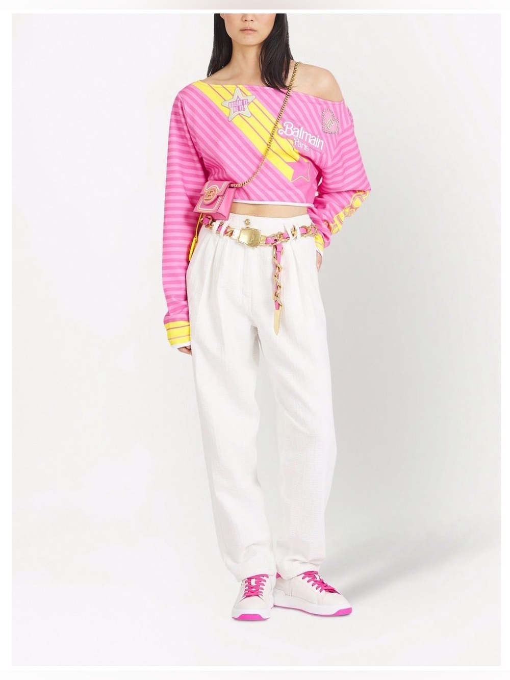Balmain x Barbie Pink Cotton Off-The Shoulder Crop Top - Picture 5 of 9